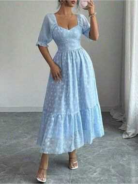 SHEIN Light Blue Floral Midi Dress with Square Neckline